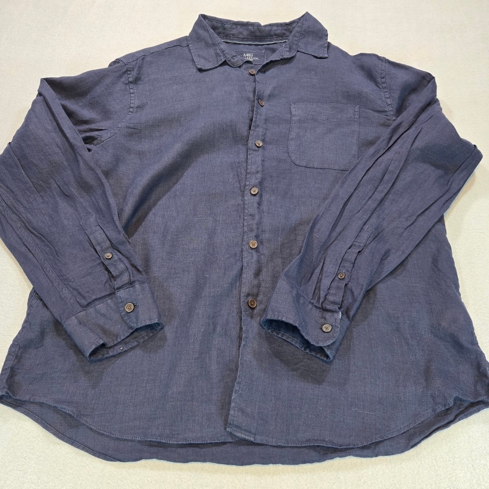 M&S Collection Linen Button Down Shirt Mens Large Navy Blue WFB Pure Linen T25